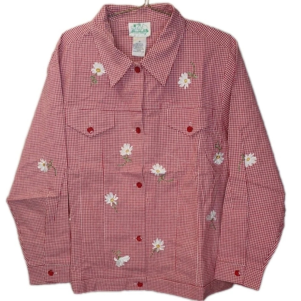 Quacker Factory Red Gingham Shacket Plus 1X Daisy Button Covers Embroidered Nwt